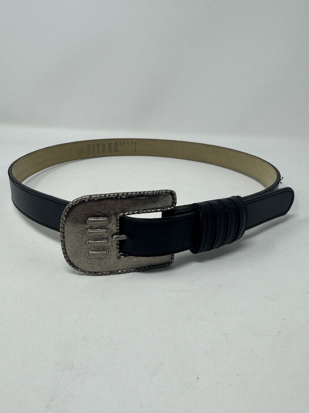 Vintage Gitano Women’s Black Belt Pyramid 1987 Silver Buckle Size M/L 30.5” 80s
